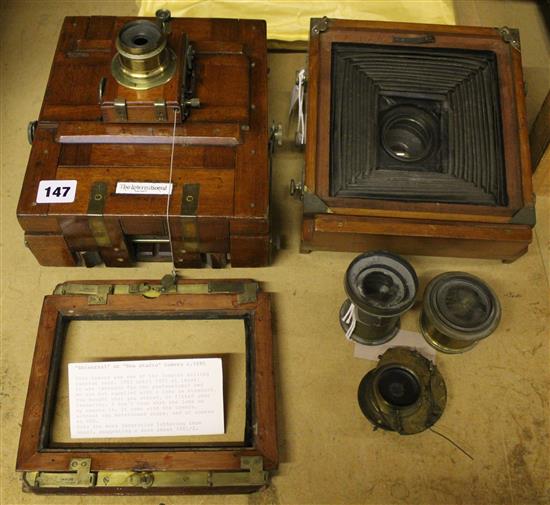 Lancaster The International Patent camera, Lancaster quarter-plate camera (a.f), Dallmeyer brass lens, 2 other lenses etc